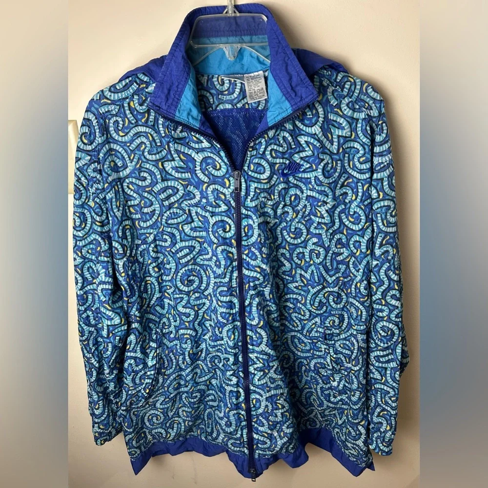 Nike Windbreaker Jacket Women’s‎ S Blue Zip Front Graphic Print Hooded VTG 90s